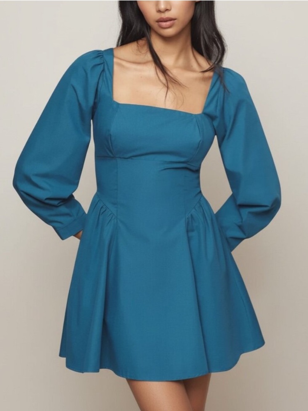 Anthropologie Teal Square-Neck Puff-Sleeve Mini Dress